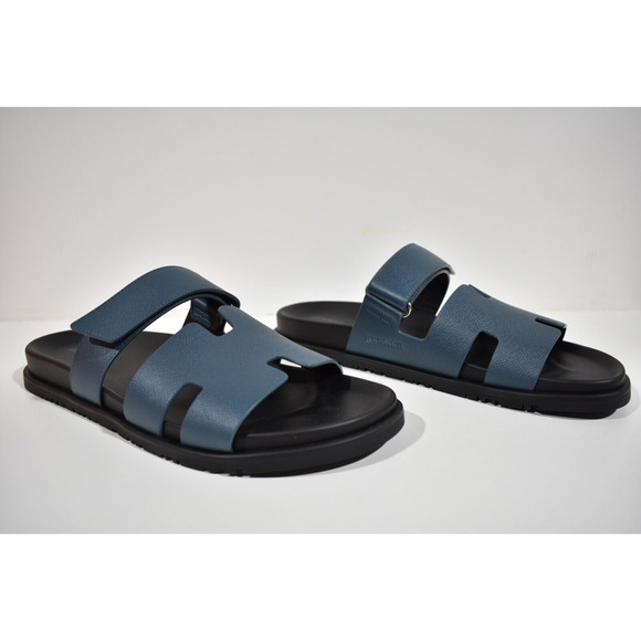 Hermes Chypre Sandal Mens Black Blue H Logo Strap Slide Slip On Flop Flat 44 11 - Picture 4 of 12